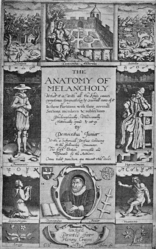 İngilizce Melankolinin Anatomisi başlıklı kitabın bu siyah beyaz sayfasında dönein insan figürlerinden çizimler ve çiçek çizimleri yer alıyor. 
