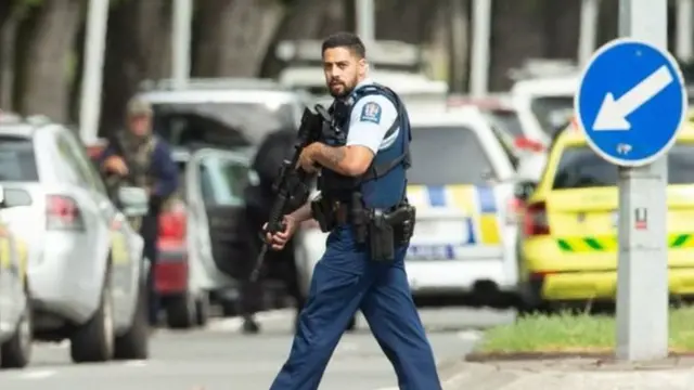 Armed police patrolled the streets following the shooting at the Al Noor mosque