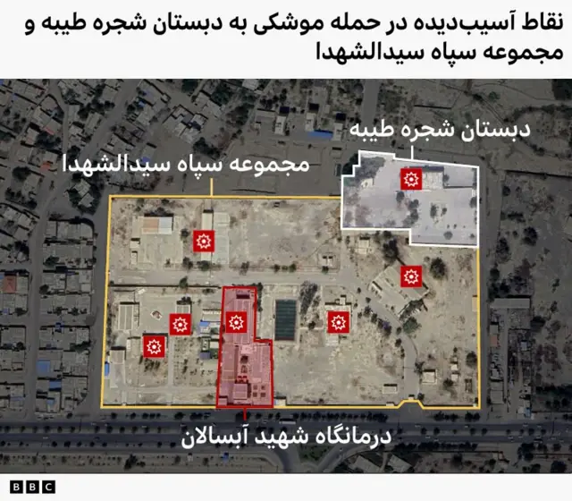 بخش راستی‌‌آزمایی بی‌بی‌سی فارسی دریافته که شش نقطه دیگر در اثر اصابت موشک‌های دیگر به «مجمتع فرهنگی سپاه سیدالشهدا» آسیب دیده یا کاملا تخریب شده است از جمله ساختمان یک کلینیک درمانی وابسته به سپاه