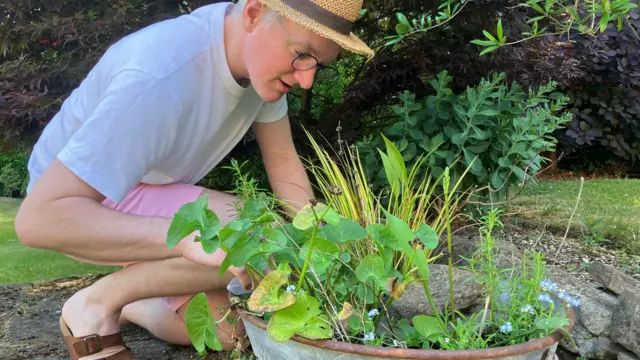 James Gallagher wearing a white t-shirt and pink shorts peering into a container pond made from an old rusting metal tub, with water plants growing out of them, some with small blue flowers.