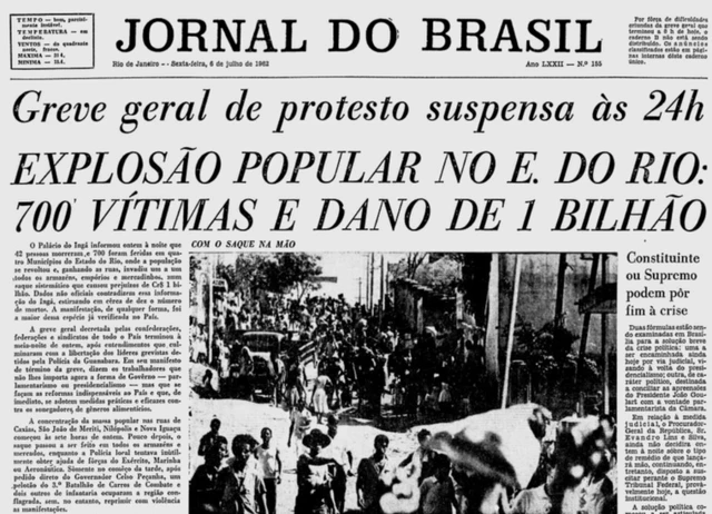 Capa do Jornal do Brasil com a manchete 'Explosão popular no Estado do Rio: 700 vítimas e danoapostas esportivas aviator1 bilhão'