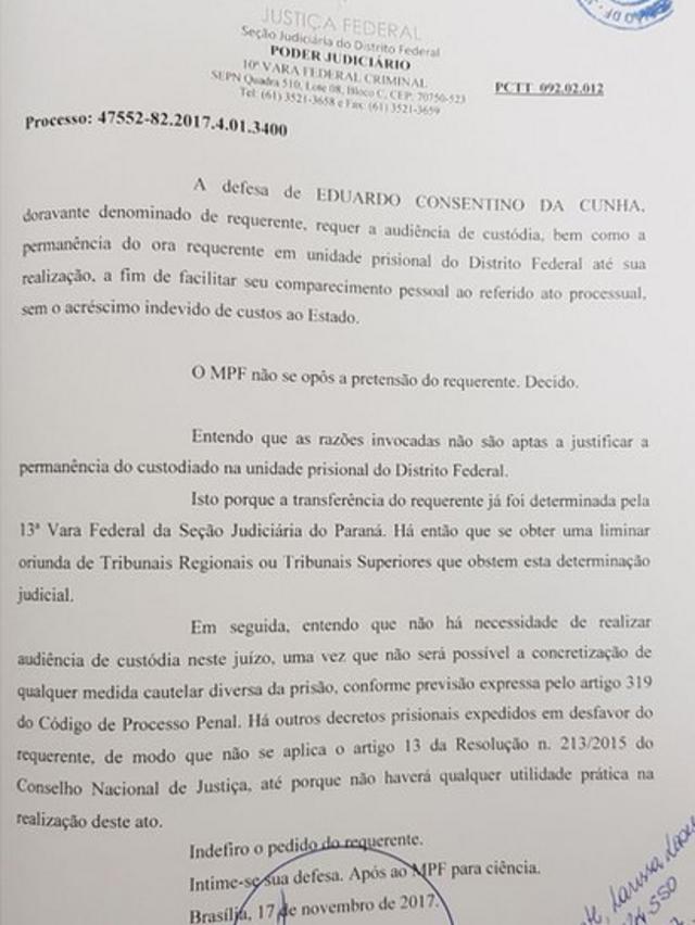 Documento da Justiça nega permanência de Cunha em Brasília