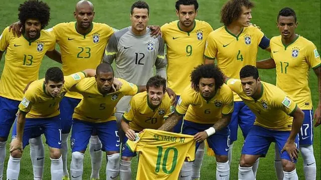 Brazil team with a Neymar shirt before the semi-final against Germany