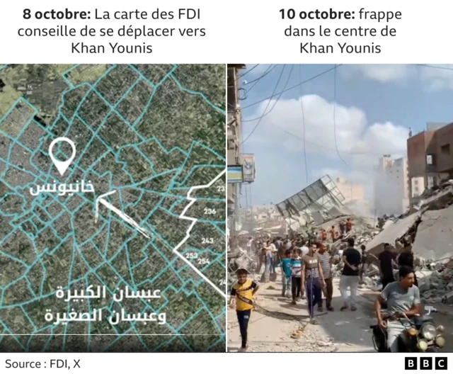 Le graphique montre, à gauche, un tweet des FDI et une carte conseillant à la population de se déplacer vers le centre de Rafah et, à droite, un extrait d'une vidéo vérifiée d'une attaque dans le centre de Rafah.