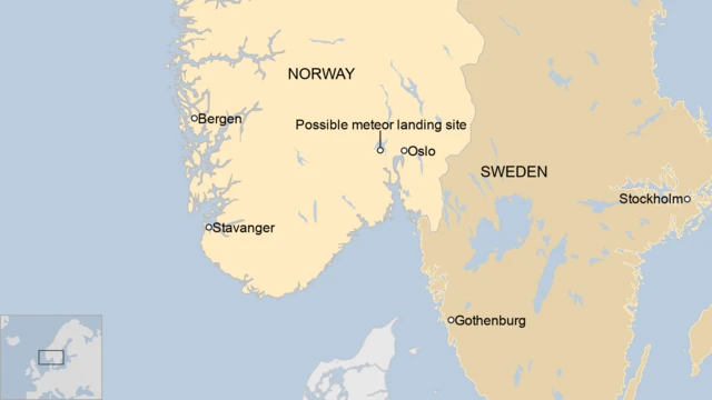 A BBC map showing the possible landing site of the meteor