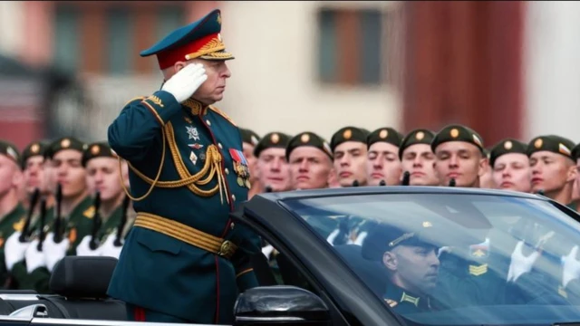 General Salyukov Qırmızı meydanda parada komanda verir