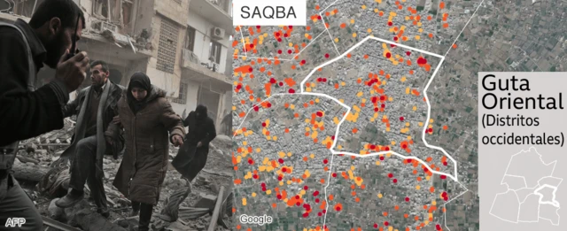 Mapa que muestra los daños en Saqba, Guta Oriental