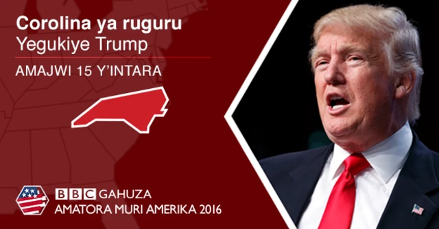 Trump atsinze intara yarwanirwa ya Carolina ya rugugu kuri 51% ku 46%