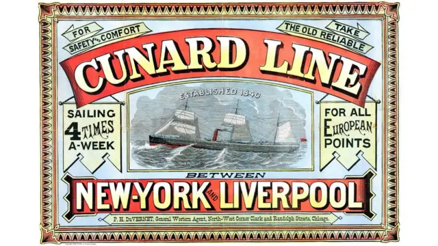'For safety and comfort, take the old reliable Cunard Line', reads this advertisement from around 1875