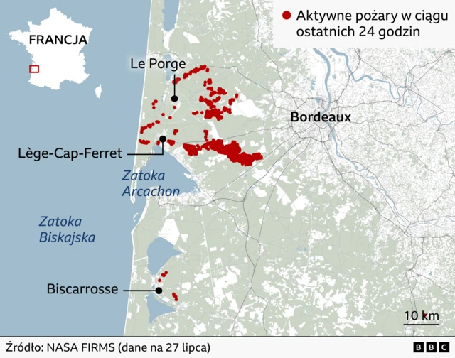 Mapa pokazująca aktywne pożary we Francji