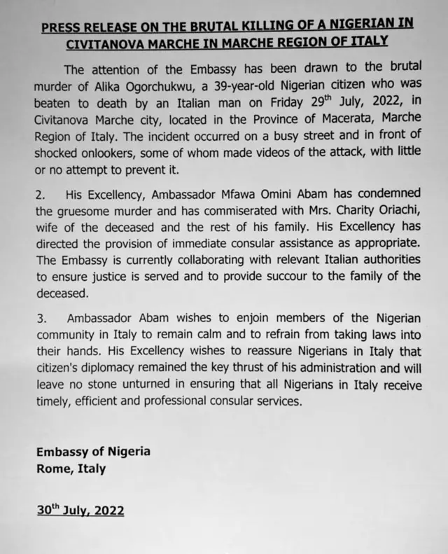 Aworan atẹjade ti ileeṣẹ aṣoju ijọba NAijiria ni Italy fi sita