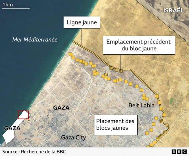 Graphique de la BBC montrant les mouvements des blocs jaunes dans la région de Beit Lahia, à Gaza.