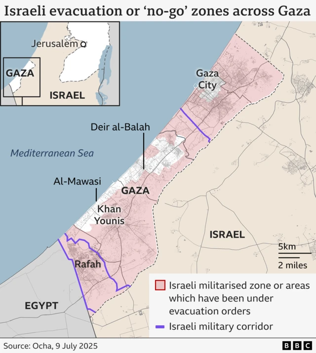 Map showing Israeli evacuation and "no-go" zones in Gaza (9 July 2025)