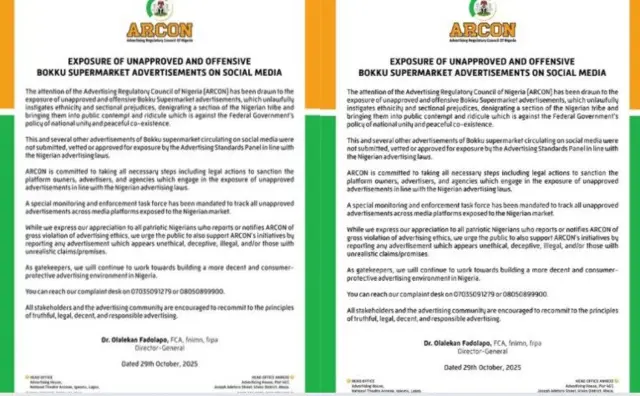 Akwụkwọ ozi ụlọọrụ ARCON wepụtara banyere oziahịa ahụ Bokku wepụtara 