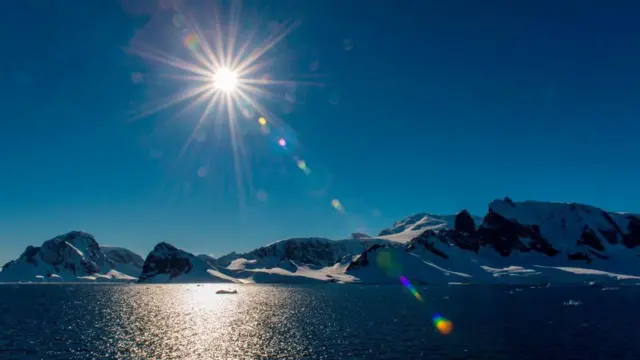 El sol brillando fuerte sobre el cielo azul del Polo Sur.