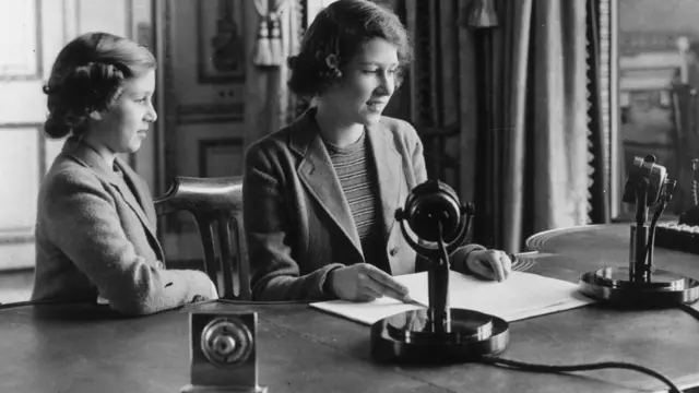 Princess Elizabeth makes her first broadcast, accompanied by her younger sister Princess Margaret Rose 12 October 1940 in London