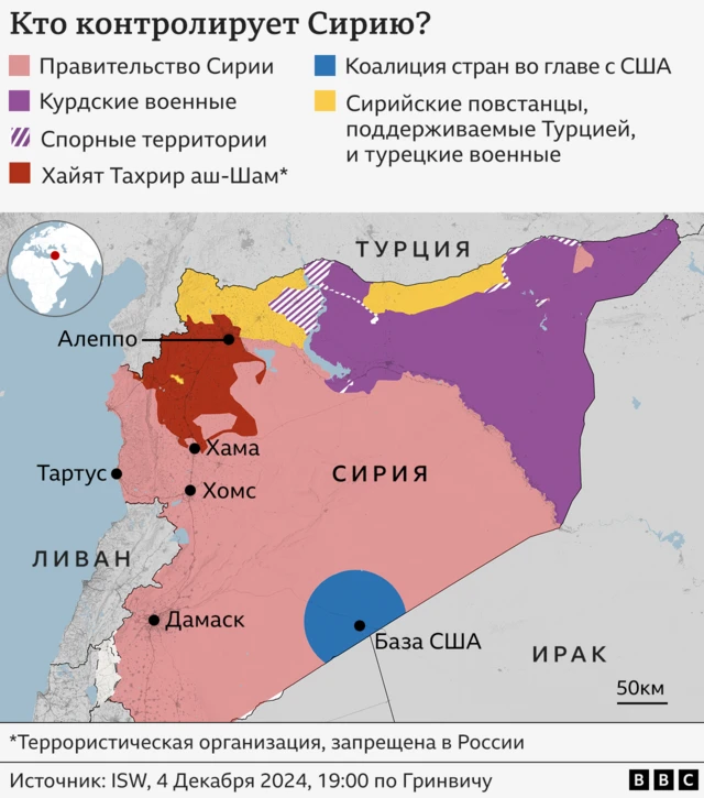 Карта Сирии с зонами влияния группировок и правительственных войск