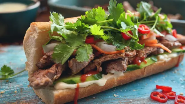 バゲットに肉とキュウリやニンジンなどを挟み、パクチーとチリペッパーを散らしたバインミーが青い木皿に置かれている