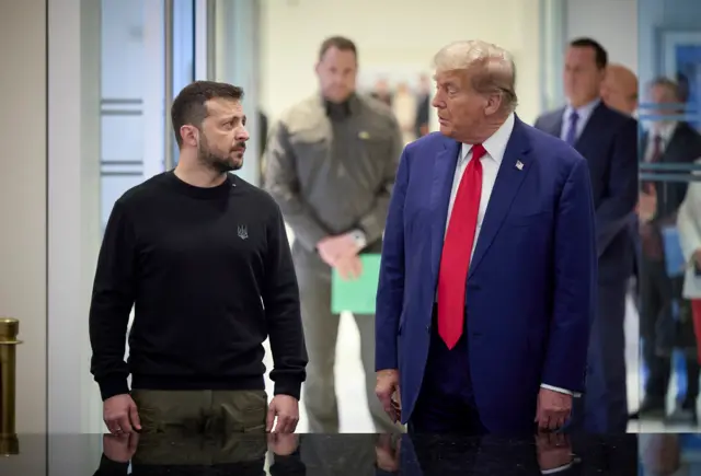 Ukraine's President Volodymyr Zelensky and US President Donald Trump stand next to each other, turning their heads to look at each other.