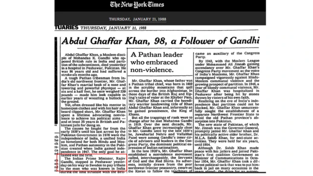 রাজীব গান্ধী যে পেশোয়ারে বাচা খানের অন্ত্যেষ্টিতে গিয়েছিলেন, নিউ ায়ির্ক টাইমসে সেই সংক্রান্ত প্রতিবেদন