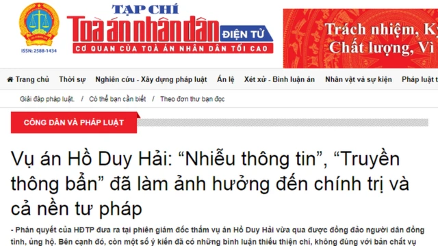 Ảnh chụp màn hình bài báo trên Tạp chí Tòa án Việt Nam