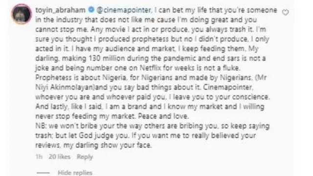 Esi tiToyin Abraham kọ pada si Cinema Pointer