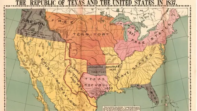 Mapa de Texas y Estados Unidos de 1837.