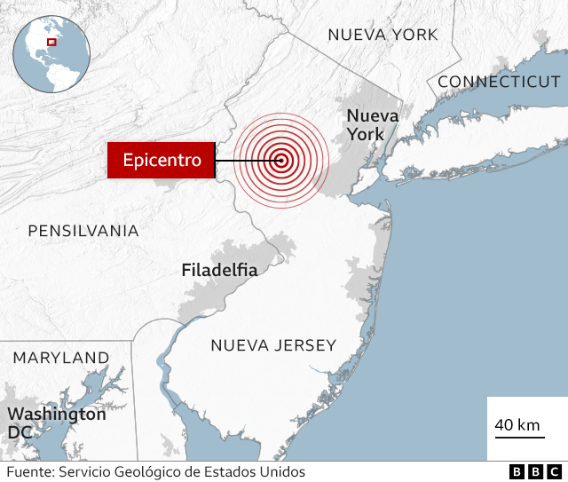 Mapa del epicentro del temblor cerca de Nueva York