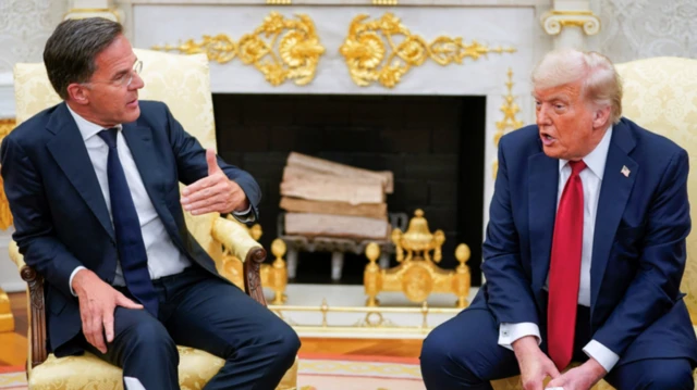 U.S. President Donald Trump meets with NATO Secretary General Mark Rutte, on the day President Trump announces a deal to get U.S. weapons to NATO, in the Oval Office at the White House in Washington, D.C., U.S., July 14, 2025.
