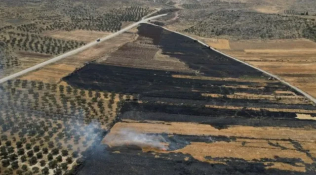 د ډرون یو انځور چې د روان کال د مې پر ۲۸مه، د اشغال شوې لوېدیځې غاړې په رام الله کې نژدې د المغیر په کلي کې د اسرائیلي مېشت ځایونو له برید وروسته سوځېدلي فارمونه ښیي.