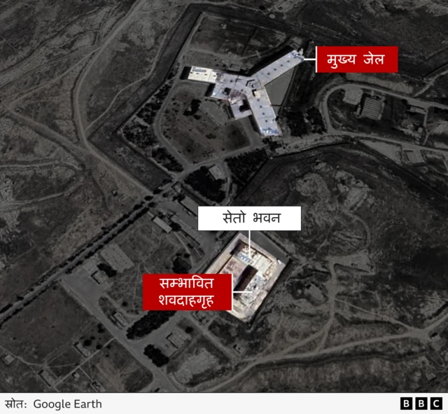 भूउपग्रहबाट खिचिएको सैदनाय कारागारको तस्बिरमा सम्भावित शवदाहगृह पनि देखिन्छ