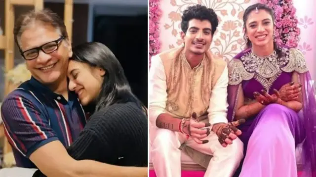 स्मृती तिच्या वडिलांसह (डावीकडे) आणि उजवीकडे लग्न सोहळ्यातच्या एका कार्यक्रमात होणारा नवरा पलाश मुच्छालसह.