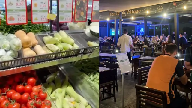 （左）杜拜當地超市糧食仍相當充足；（右）酒吧仍坐滿旅客和下班的人。