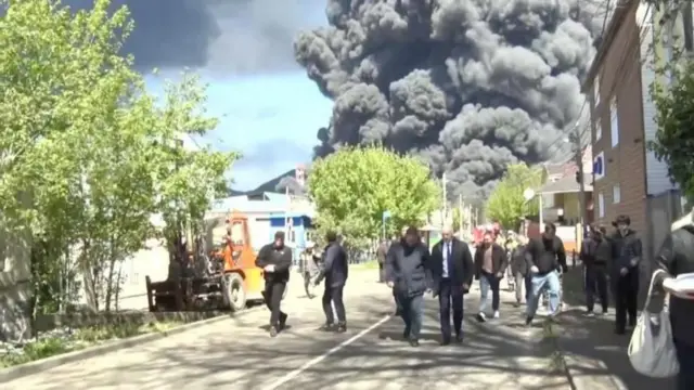 Smoke rises following a Ukrainian drone attack on an oil refinery in Tuapse, southern Russia. Photo: 28 April 2026