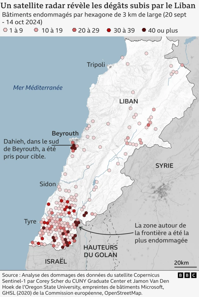 Carte des dégâts subis par le Liban