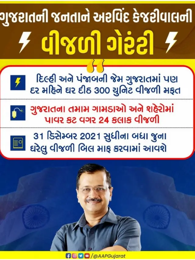 આમ આદમી પાર્ટીના સંયોજક અરવિંદ કેજરીવાલે જાહેરાત કરી હતી કે, જો ગુજરાતમાં આપની સરકાર ચૂંટાશે તો દિલ્હી અને પંજાબની જેમ 300 યુનિટ વીજળી મફત આપશે