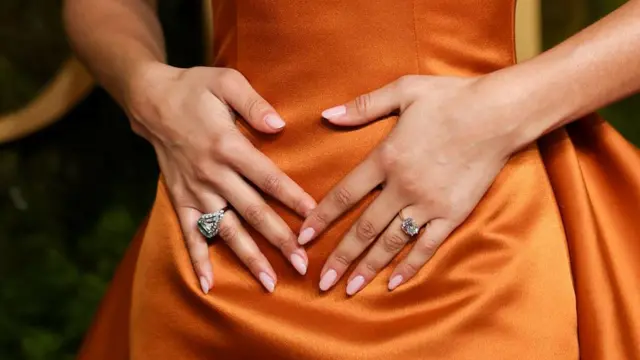 Image of Zendaya zoomed into her hands, which shows a big ring on each of her ring fingers.