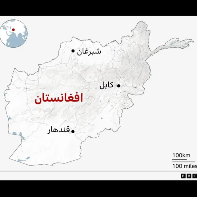 نقشه افغانستان که شبرغان را در شمال، کابل، پایتخت، را در شرق بخش مرکزی کشور و قندهار را در جنوب نشان می‌دهد