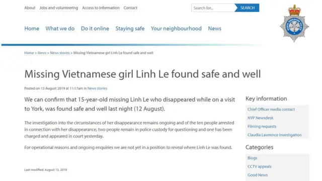 Ảnh chụp màn hình trang web của Cảnh sát Bắc Yorkshire