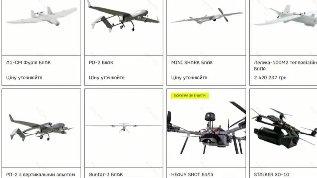Zrzut ekranu strony internetowej prezentującej różne rodzaje dronów na sprzedaż.