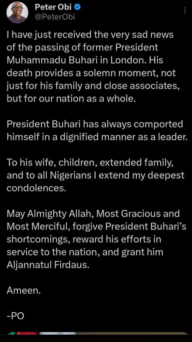 Peter Obi edekwala ihe maka ọnwụ Onyeisiala Buhari