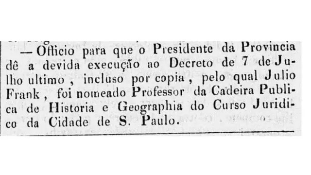Publicação da nomeação de Julio Frank para professor, publicada no diário oficial em 1834
