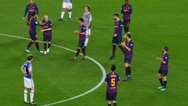 Andres Iniesta leaves the Camp Nou pitch for the final time