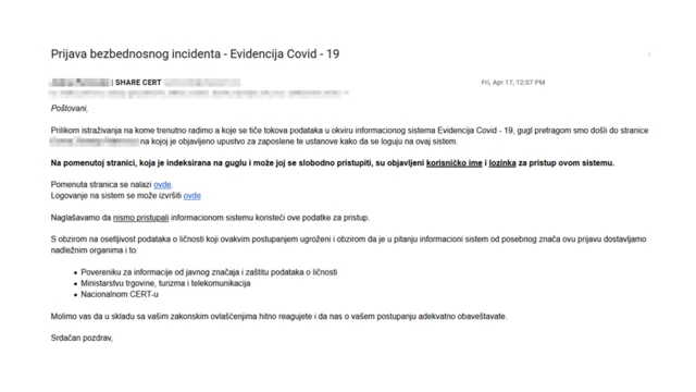 Mejl upozorenja koji je Fondacija Šer uputila nadležnima