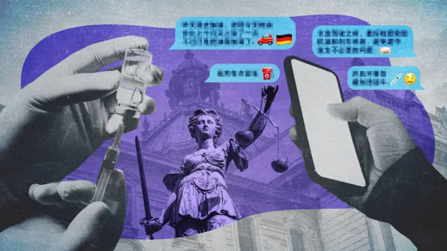 BBC製圖,左邊是藥物,中間是司法女神像,右邊則是手機圖案。