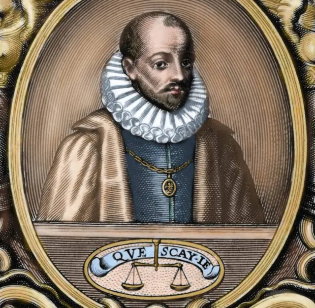 Michel de Montaigne, con su lema "Qué sé yo" y una balanza mostrando que cualquier argumento tenía el mismo peso.