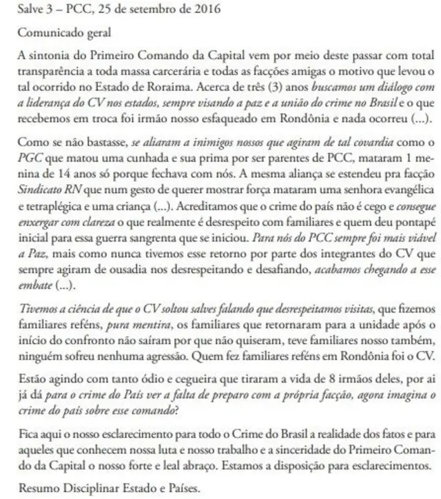 Mensagem mostra liderança do PCC rebatendo acusações do Comando Vermelho e fazendo acusações contra facção carioca