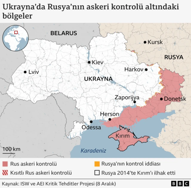 Ukrayna'nın Rusya işgali altındaki kısmını gösteren bir harita