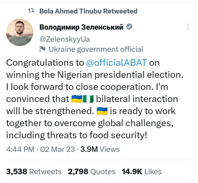 Aworan atẹjade ori twitter ti aarẹ Zelensky ti Ukraine fi ki Tinubu ku oriire