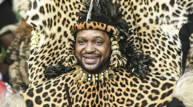 King Misuzulu ka Zwelithini wearing leopard print and feathers